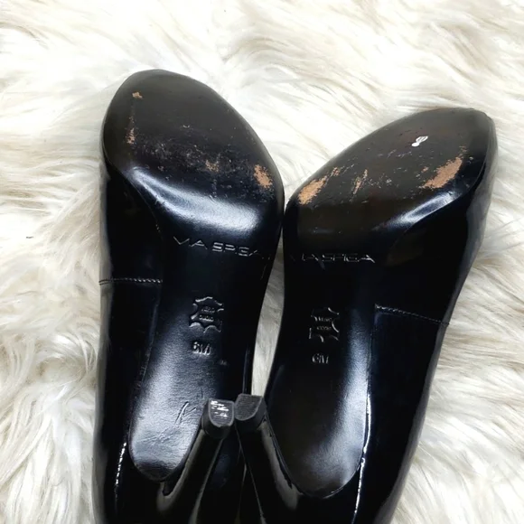 Via Spiga Black Frankie Patent Peep Toe Pumps 6M - Picture 11 of 12